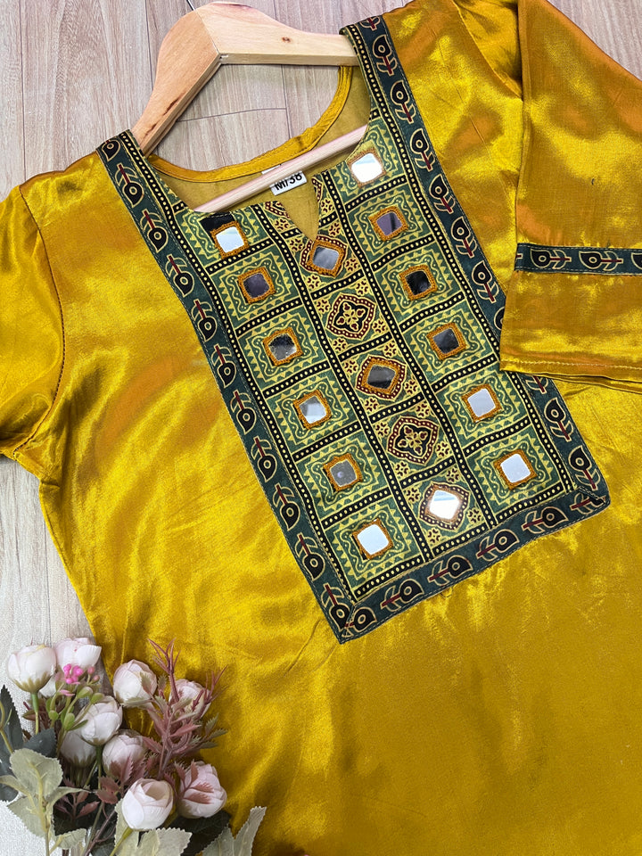 Kinara Dijon Yellow Printed Patch Yock with Mirror Work Mashru Kurti