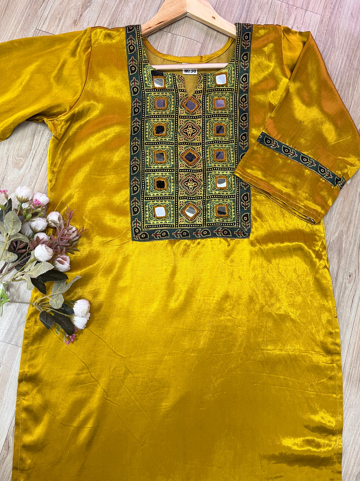 Kinara Dijon Yellow Printed Patch Yock with Mirror Work Mashru Kurti