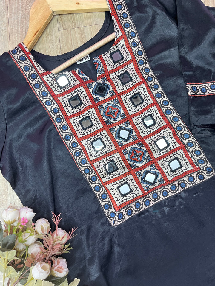 Kinara Ebony Black Printed Patch Yock with Mirror Work Mashru Kurti