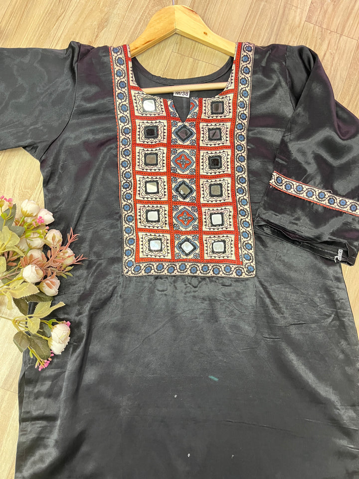 Kinara Ebony Black Printed Patch Yock with Mirror Work Mashru Kurti