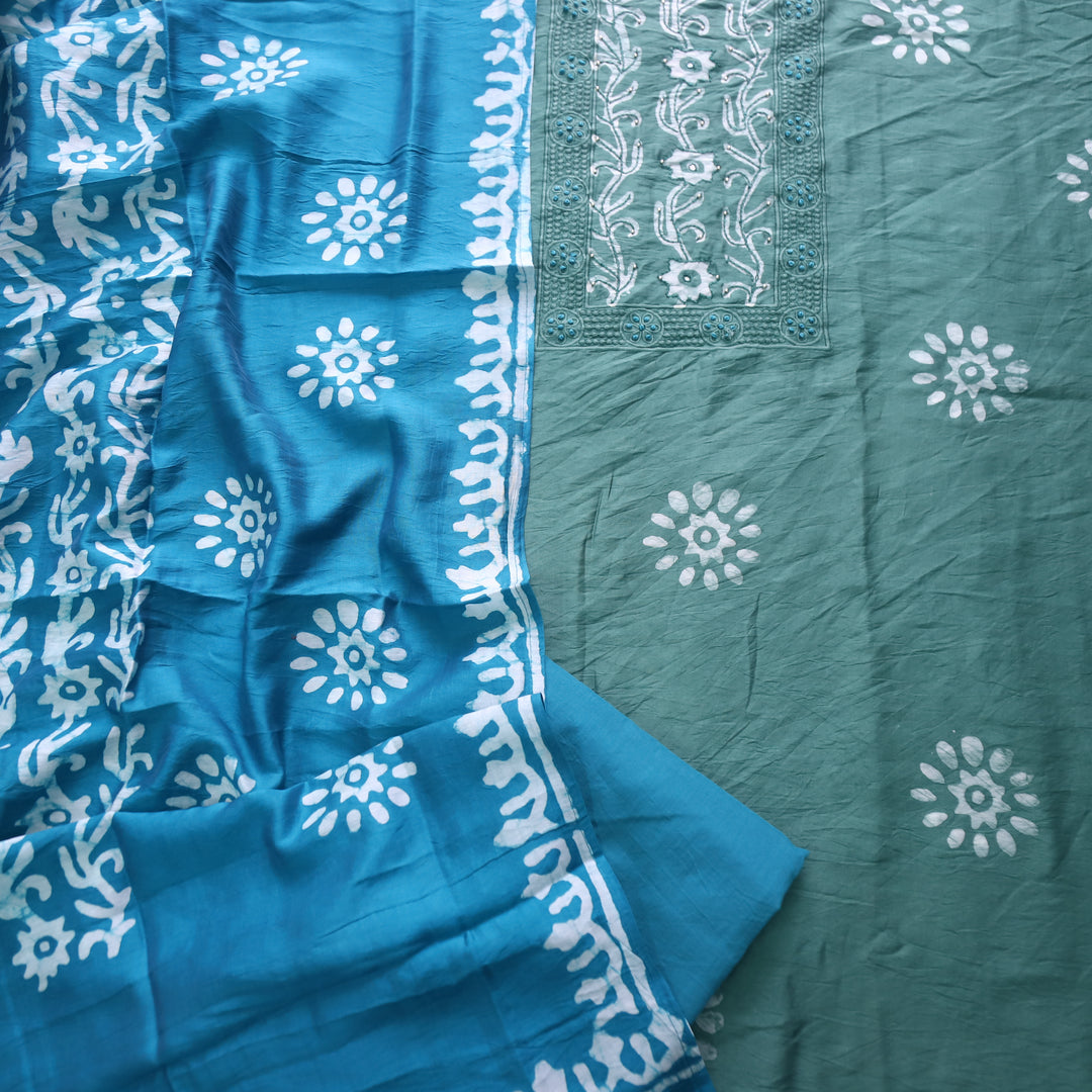 Gulshan Sage Green French Knot Batik Print Neck Chanderi Suit Set