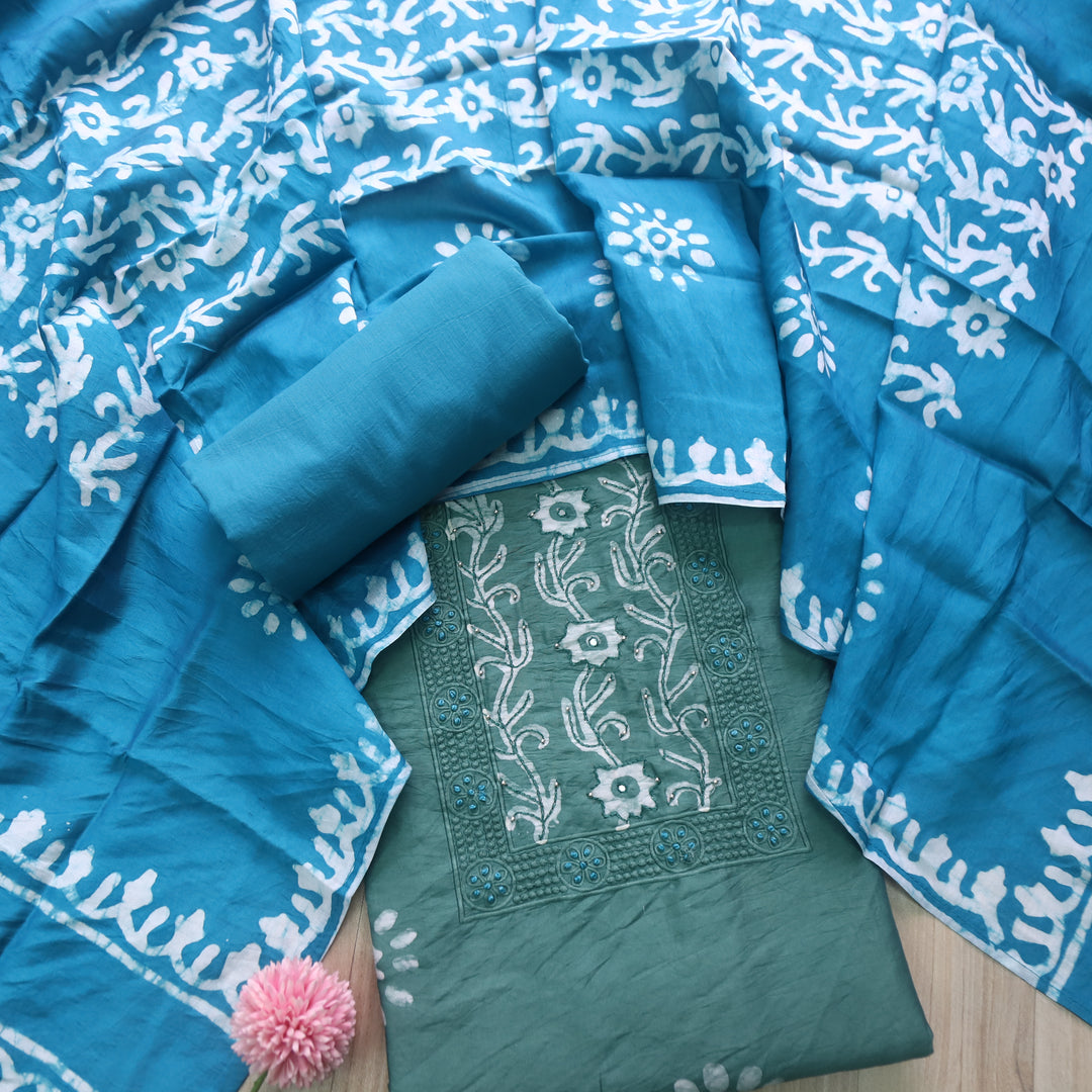 Gulshan Sage Green French Knot Batik Print Neck Chanderi Suit Set