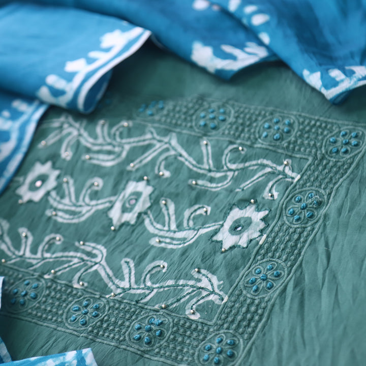 Gulshan Sage Green French Knot Batik Print Neck Chanderi Suit Set