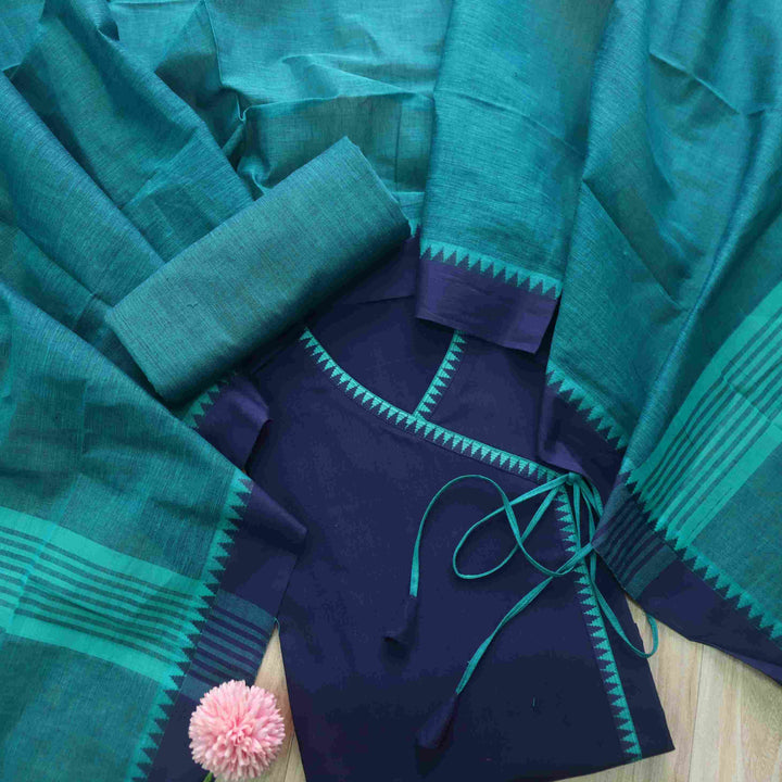 Sanskruti Denim Blue Long Angrakha Style South Cotton Temple Hem Suit Set