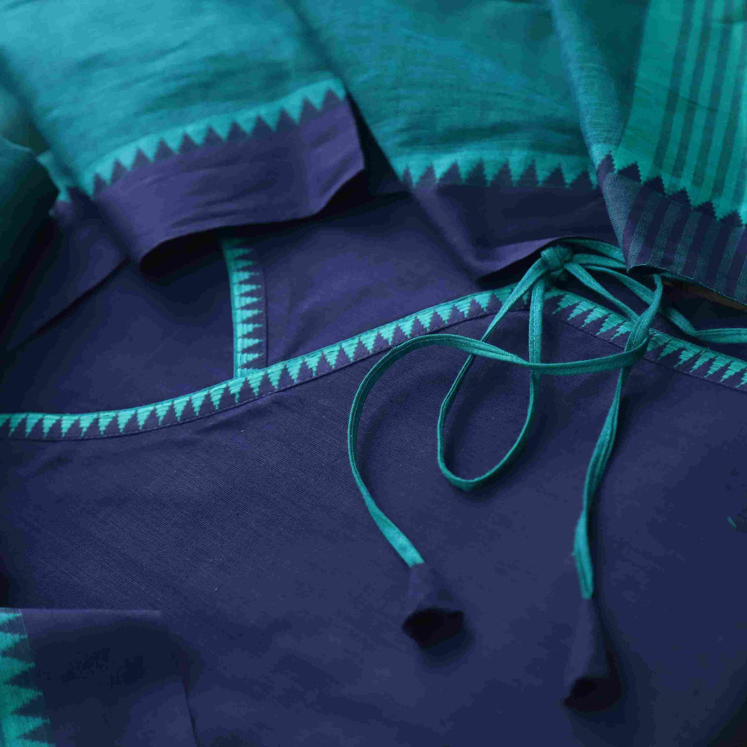 Sanskruti Denim Blue Long Angrakha Style South Cotton Temple Hem Suit Set