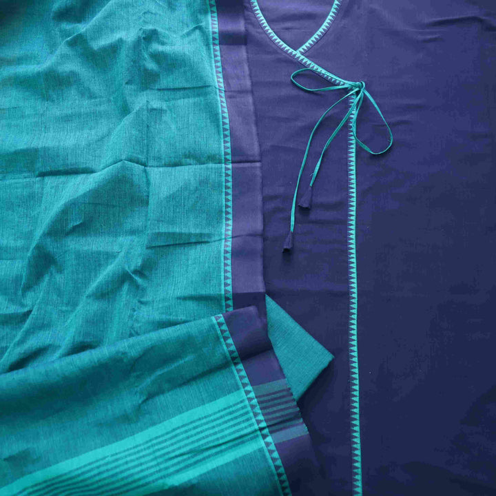 Sanskruti Denim Blue Long Angrakha Style South Cotton Temple Hem Suit Set