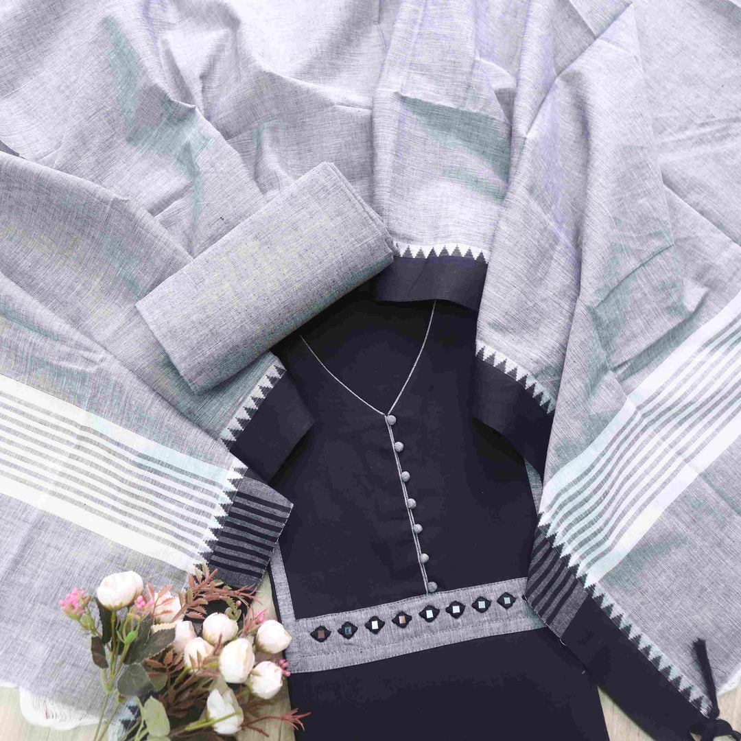 Sanskruti Night Black Mirror Work Neck South Cotton Temple Hem Suit Set