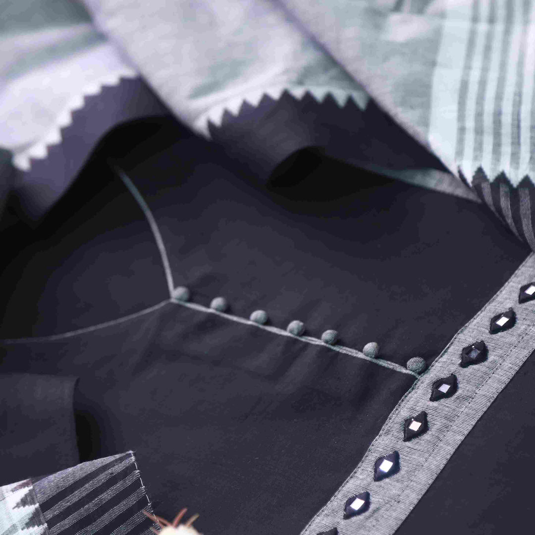 Sanskruti Night Black Mirror Work Neck South Cotton Temple Hem Suit Set