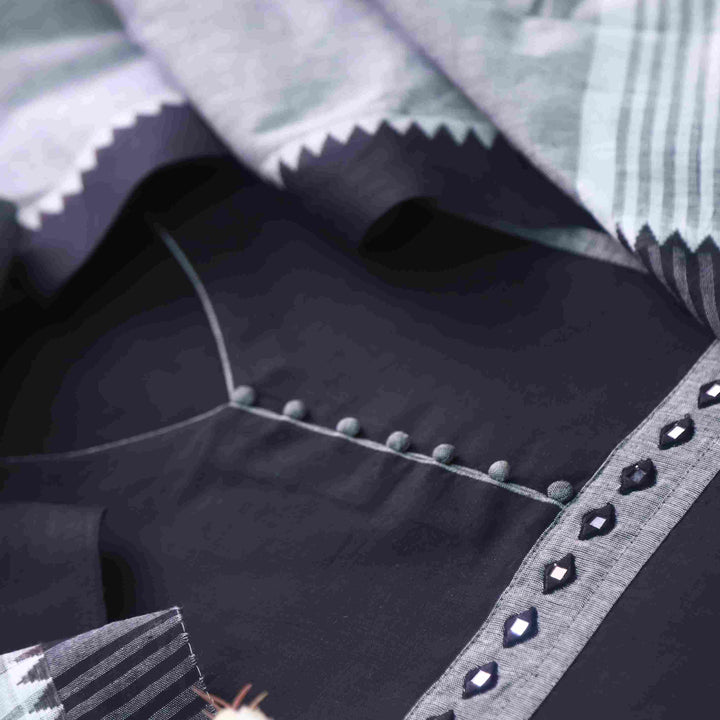 Sanskruti Night Black Mirror Work Neck South Cotton Temple Hem Suit Set