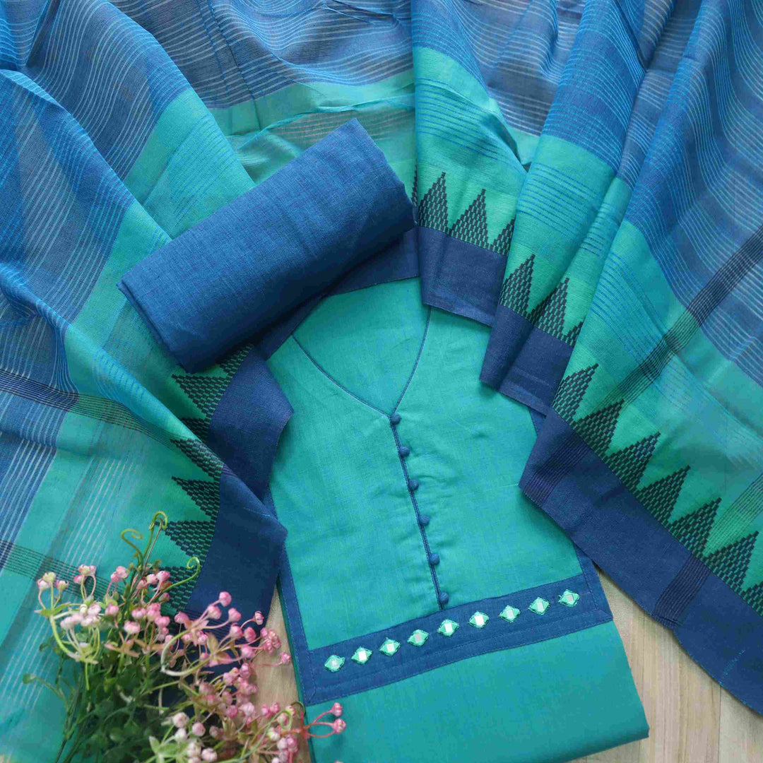 Sanskruti Teal Blue Mirror Work Neck South Cotton Temple Hem Suit Set