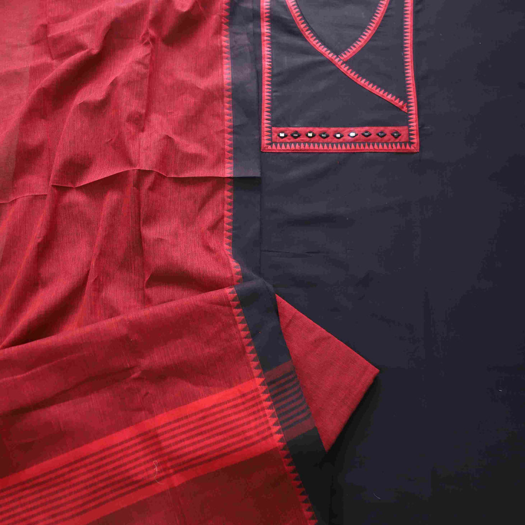 Sanskruti Black and Red Angrakha Style South Cotton Temple Hem Suit Set