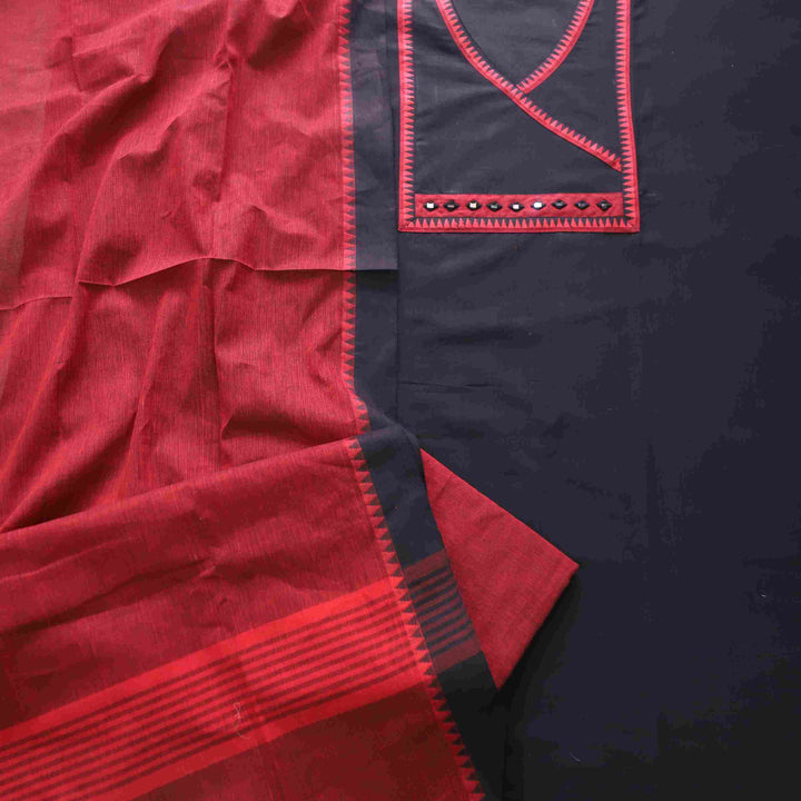 Sanskruti Black and Red Angrakha Style South Cotton Temple Hem Suit Set
