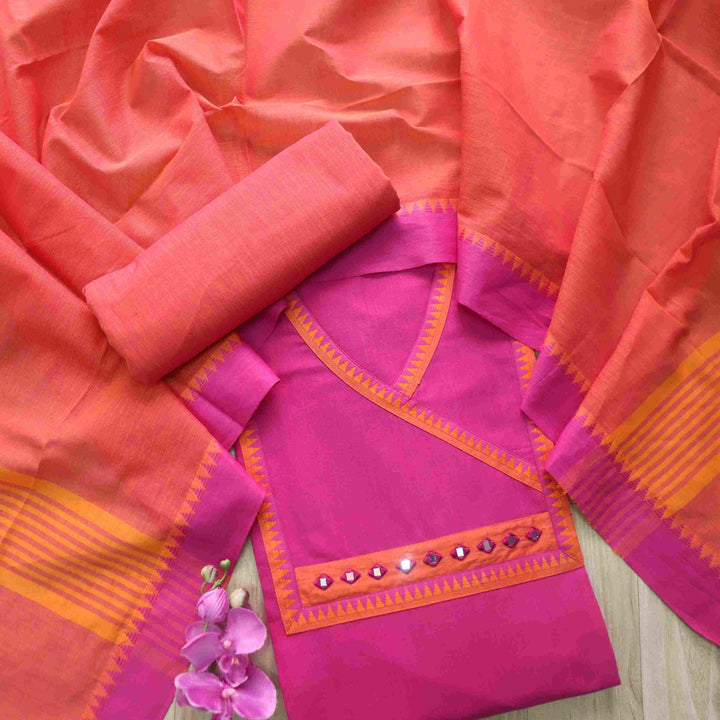 Sanskruti Magenta Purple Angrakha Neck Work South Cotton Temple Hem Suit Set