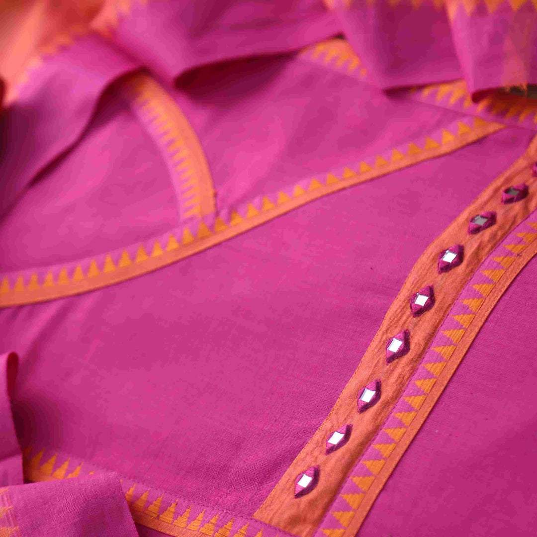 Sanskruti Magenta Purple Angrakha Neck Work South Cotton Temple Hem Suit Set