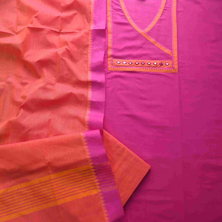 Sanskruti Magenta Purple Angrakha Neck Work South Cotton Temple Hem Suit Set