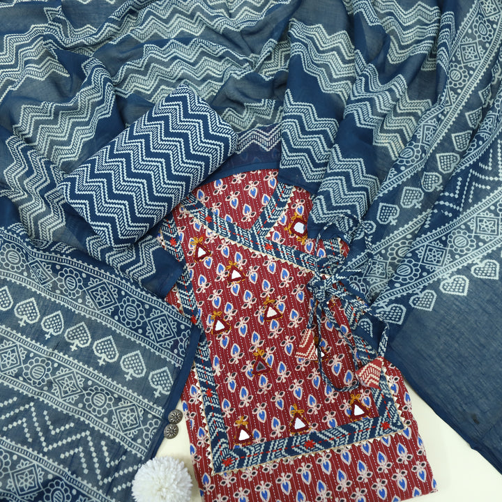 Ruhani Cherry Red Angrakha Style with Mirror Work Cotton Suit Set