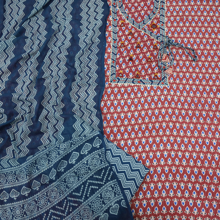 Ruhani Cherry Red Angrakha Style with Mirror Work Cotton Suit Set