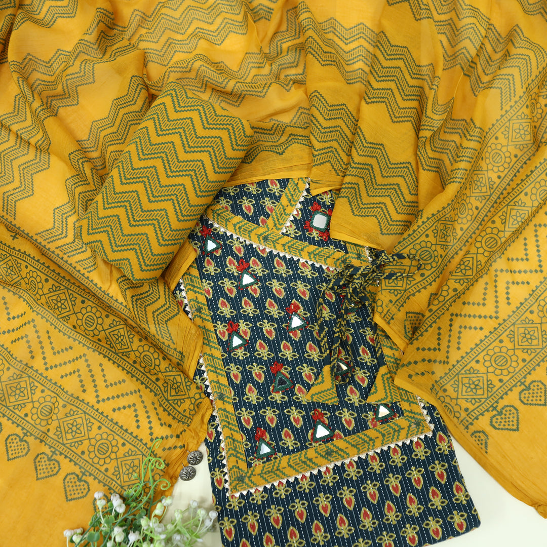 Ruhani Cabbage Green Angrakha Style with Mirror Work Cotton Suit Set