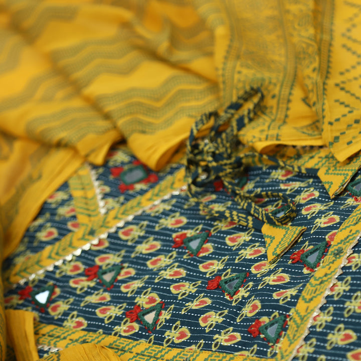 Ruhani Cabbage Green Angrakha Style with Mirror Work Cotton Suit Set