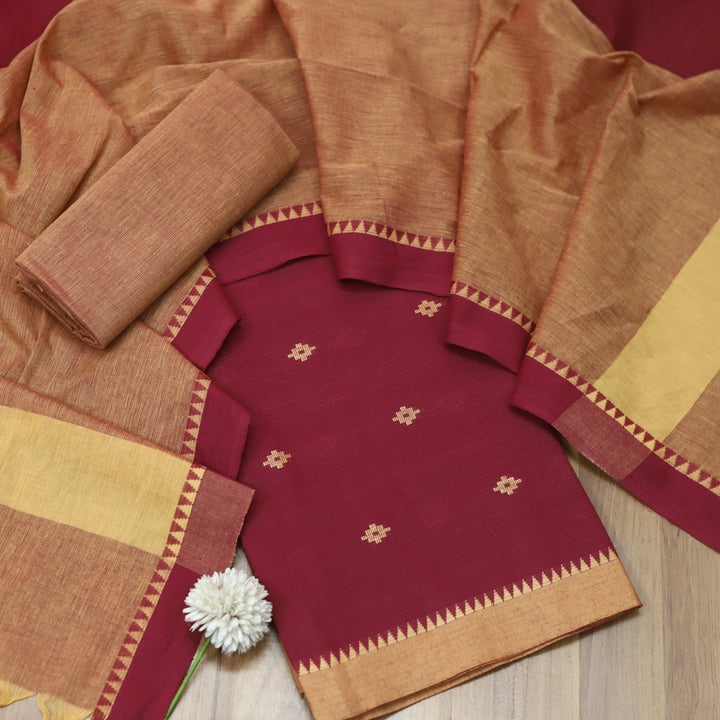 Wamiqa Burgundy Red All Over Thread Weaved Work Cotton Suit Set