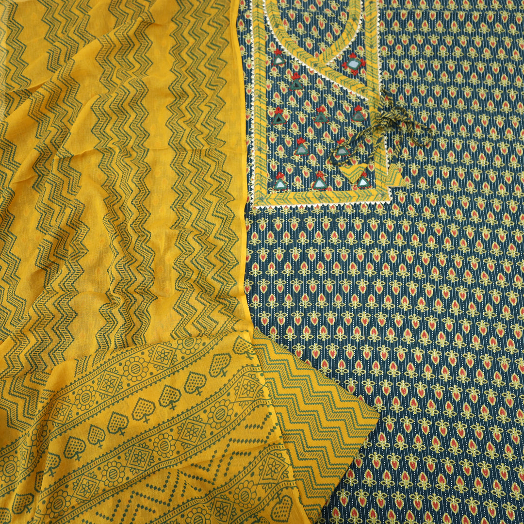 Ruhani Cabbage Green Angrakha Style with Mirror Work Cotton Suit Set