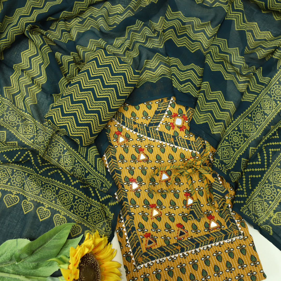 Ruhani Dijon Yellolw Angrakha Style with Mirror Work Cotton Suit Set