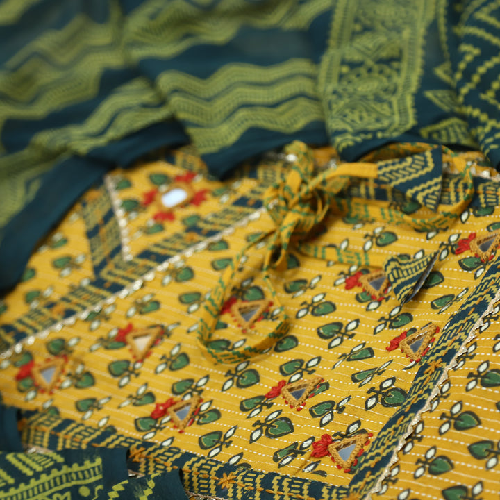 Ruhani Dijon Yellolw Angrakha Style with Mirror Work Cotton Suit Set
