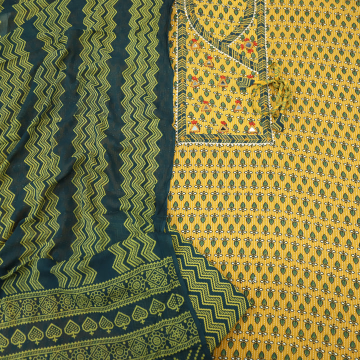Ruhani Dijon Yellolw Angrakha Style with Mirror Work Cotton Suit Set