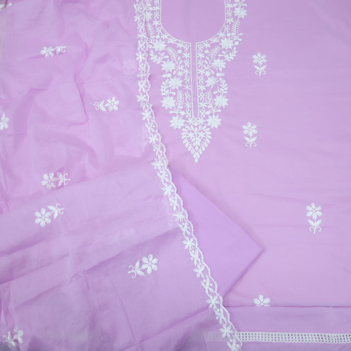 Suffi Soft Purple Chikankari Work Inspired Neck Cotton Suit Set