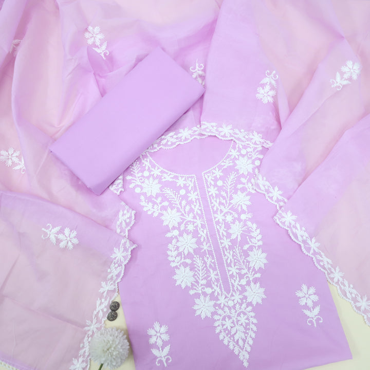 Suffi Soft Purple Chikankari Work Inspired Neck Cotton Suit Set