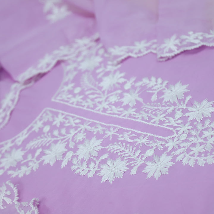 Suffi Soft Purple Chikankari Work Inspired Neck Cotton Suit Set