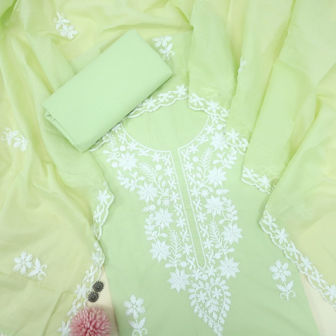 Suffi Mint Green Chikankari Work Inspired Neck Cotton Suit Set