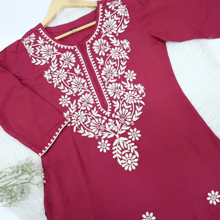 Jazz berry Jam Pink Rayon Chikankari Inspired Work Kurti