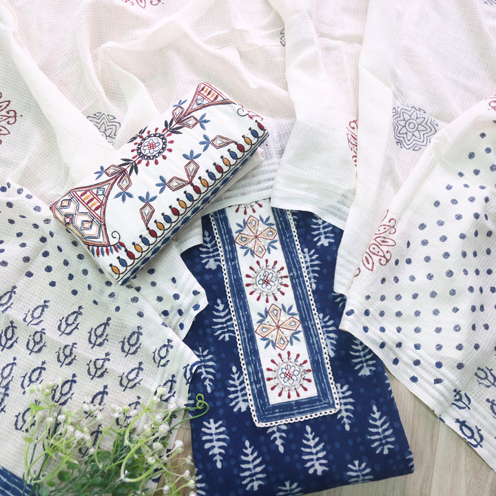 Udarri Indigo Blue Patch Work Dabu Printed Kutch Cotton Suit Set D2