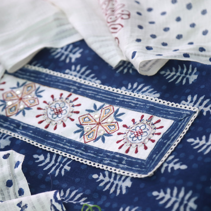 Udarri Indigo Blue Patch Work Dabu Printed Kutch Cotton Suit Set D2