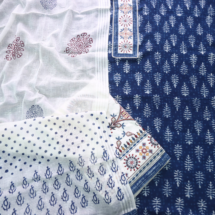 Udarri Indigo Blue Patch Work Dabu Printed Kutch Cotton Suit Set D2