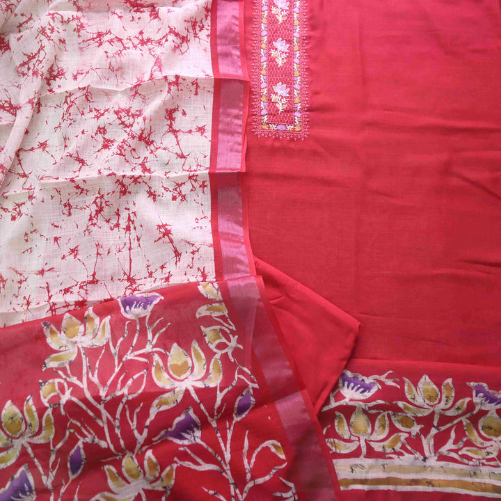 Noorani Cherry Red Thread Embroidered Neck Work Cotton linen suit Set