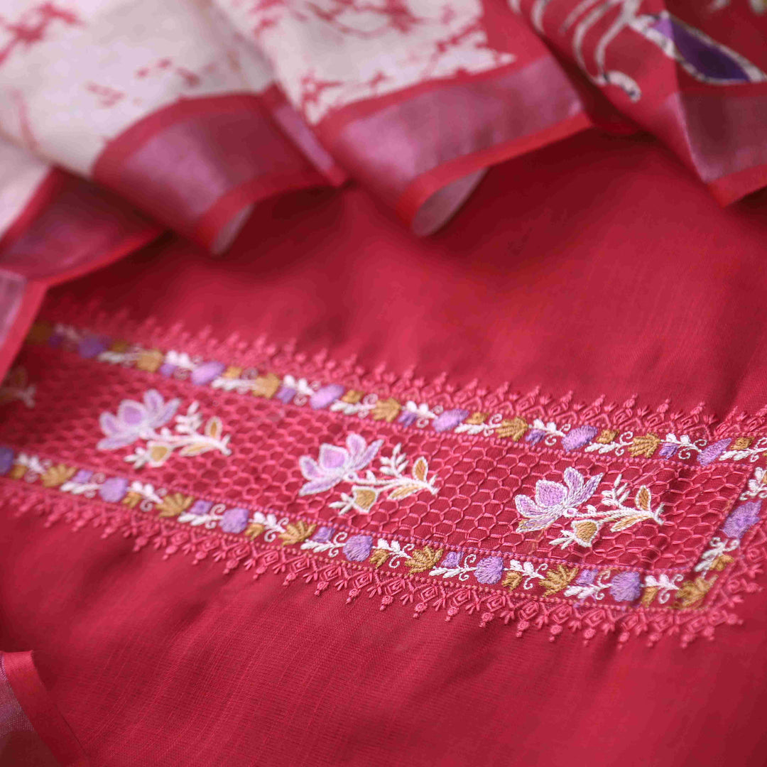 Noorani Cherry Red Thread Embroidered Neck Work Cotton linen suit Set