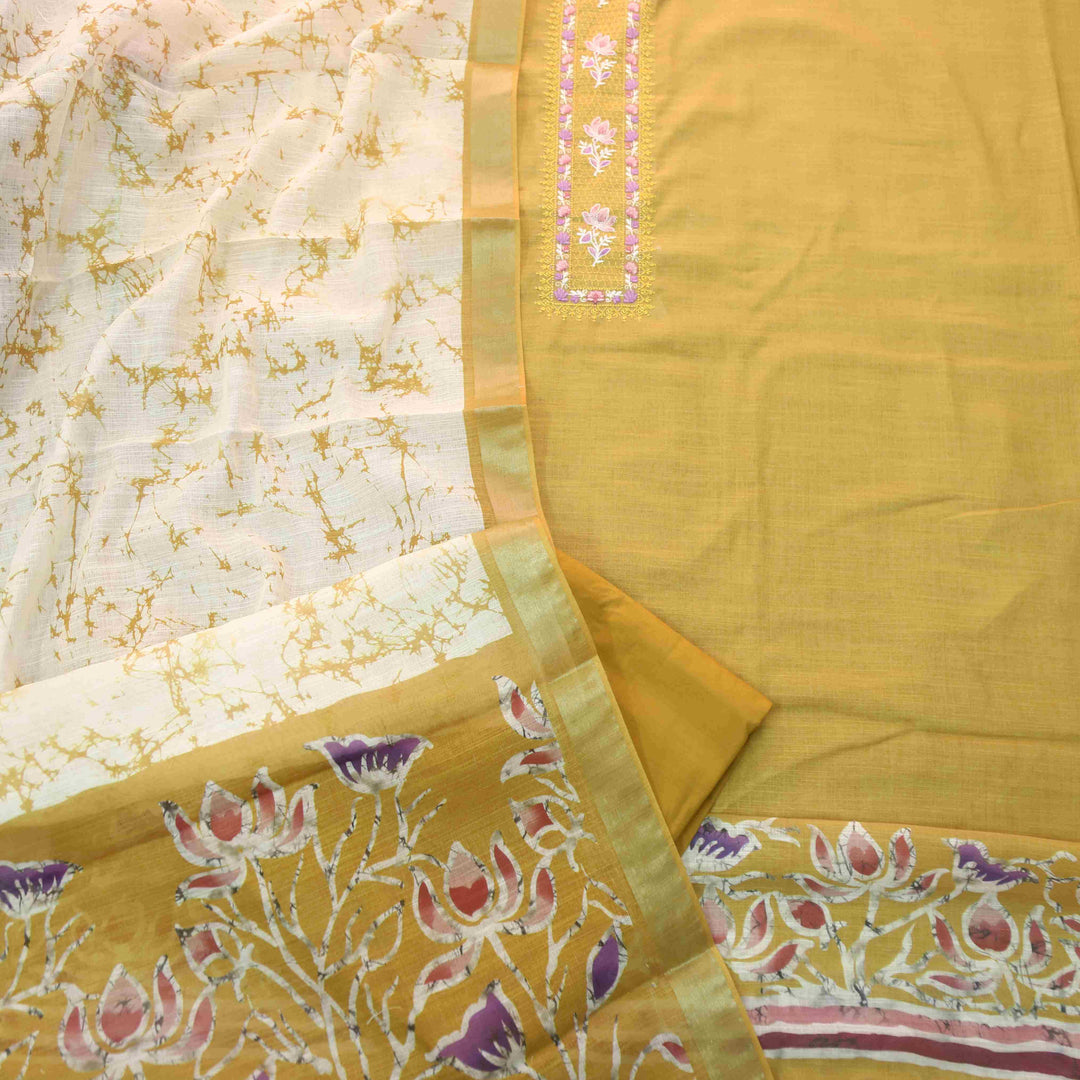 Noorani Dijon Yellow Thread Embroidered Neck Work Cotton linen suit Set