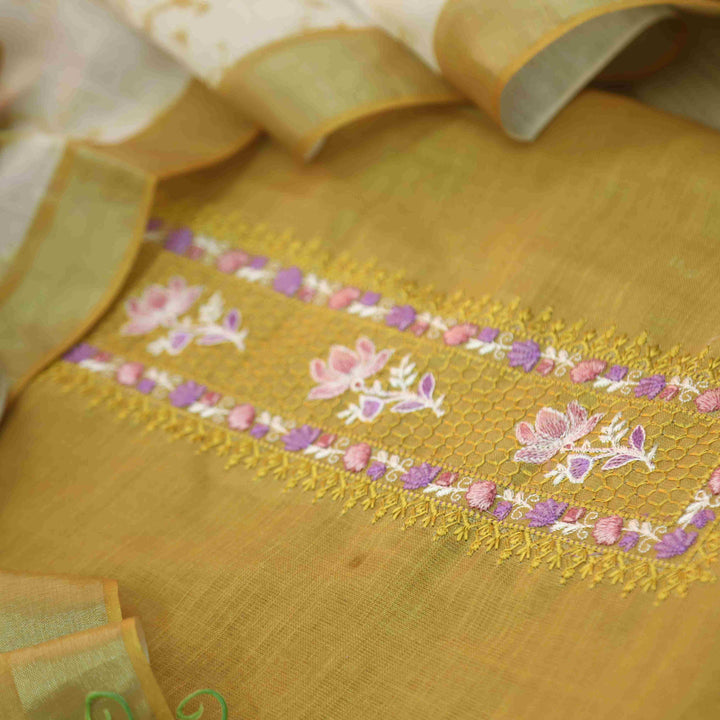 Noorani Dijon Yellow Thread Embroidered Neck Work Cotton linen suit Set