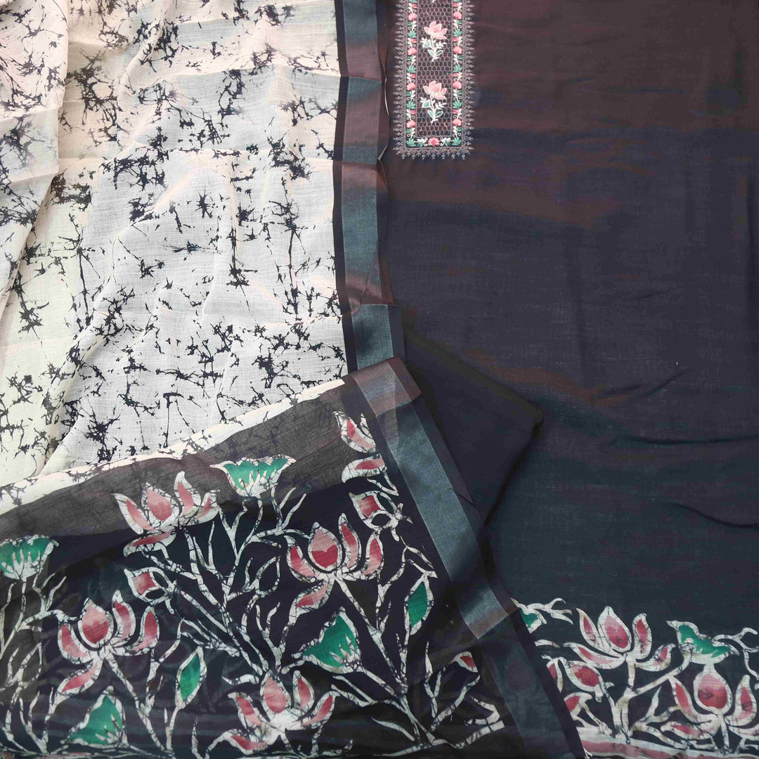 Noorani Ebony Black Thread Embroidered Neck Work Cotton linen suit Set