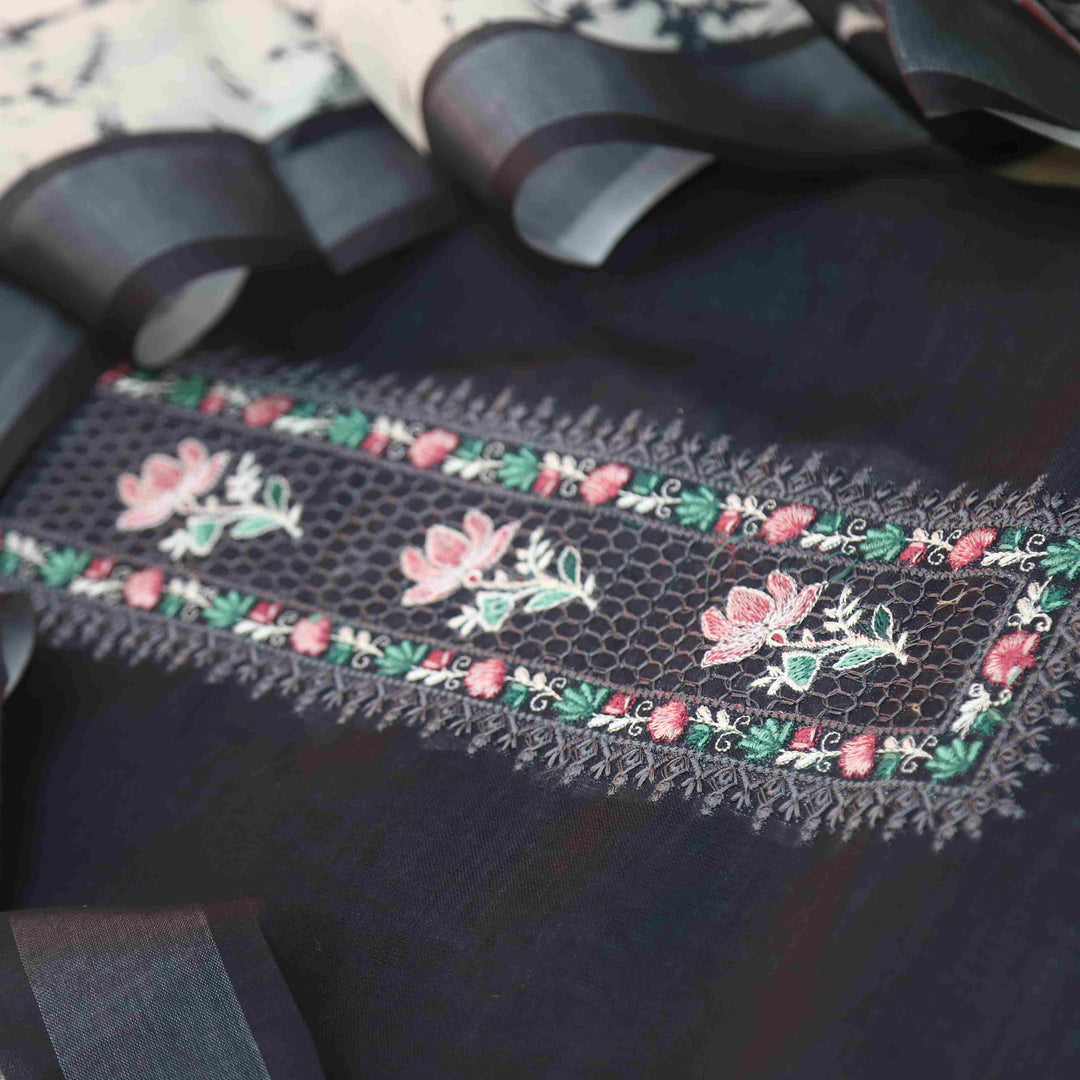 Noorani Ebony Black Thread Embroidered Neck Work Cotton linen suit Set