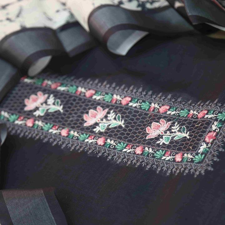 Noorani Ebony Black Thread Embroidered Neck Work Cotton linen suit Set