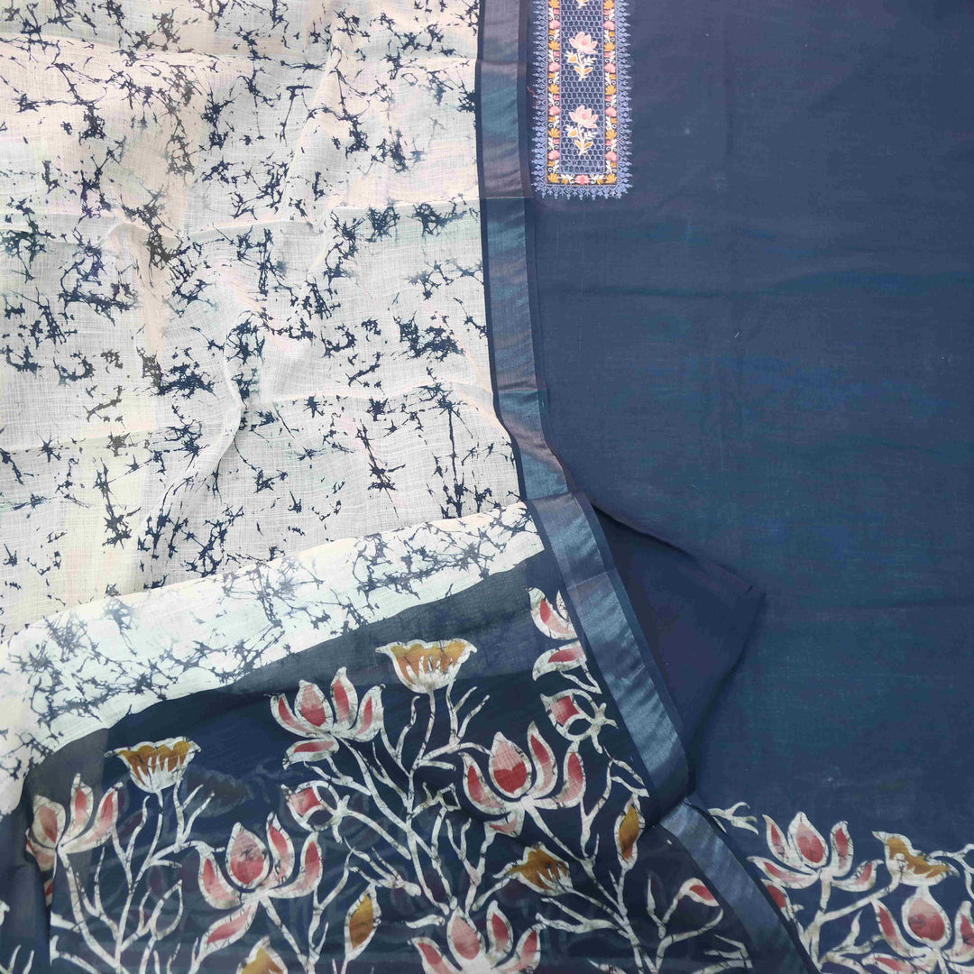 Noorani Navy Blue Thread Embroidered Neck Work Cotton linen suit Set