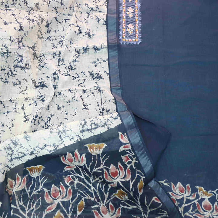 Noorani Navy Blue Thread Embroidered Neck Work Cotton linen suit Set