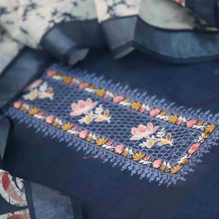Noorani Navy Blue Thread Embroidered Neck Work Cotton linen suit Set