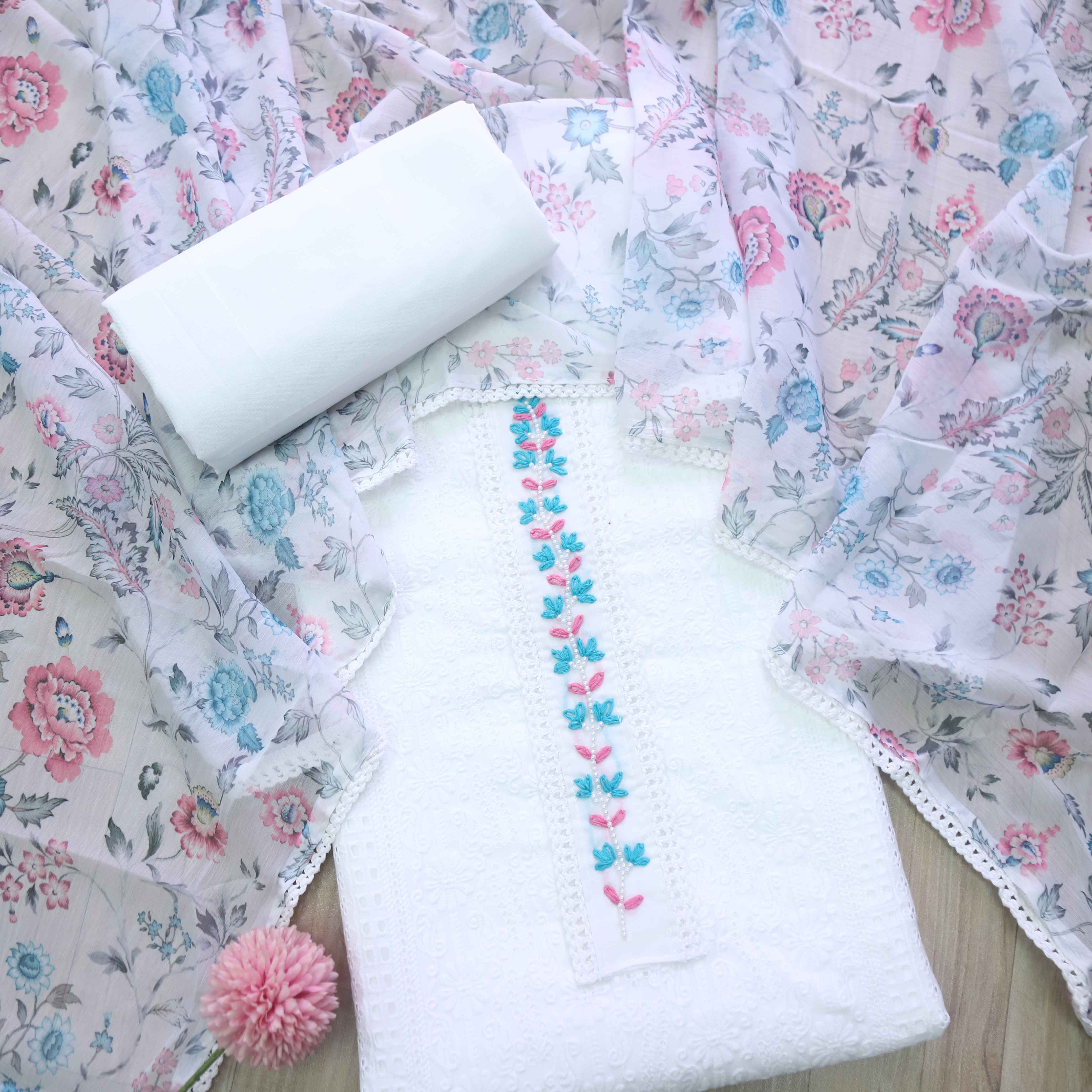 Haseen White with All Over Thread Embriodered Cotton Suit Set ...