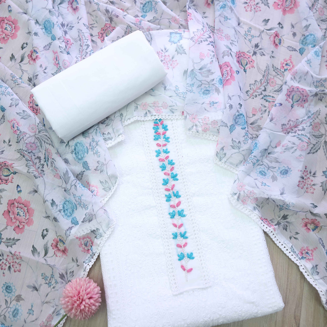 Haseen White with All Over Thread Embriodered Cotton Suit Set