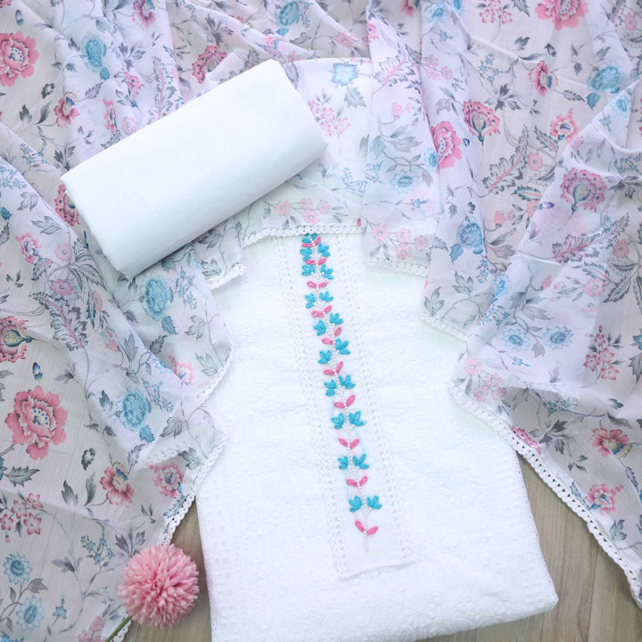 Haseen White with All Over Thread Embriodered Cotton Suit Set
