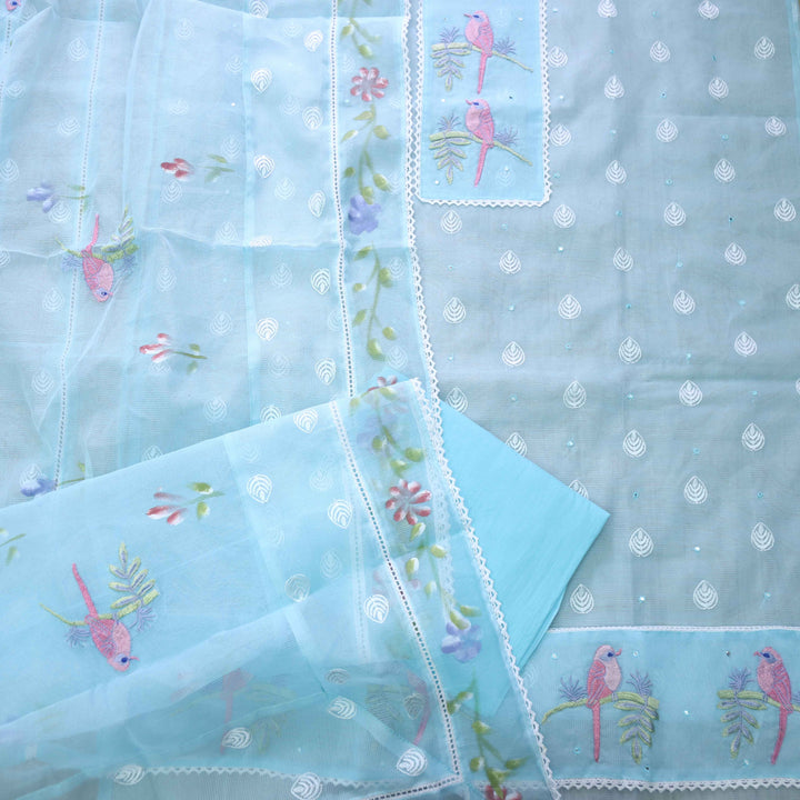 Gulbahar Sky Blue Bird Thread Work with Lace Kota Doriya Suit Set